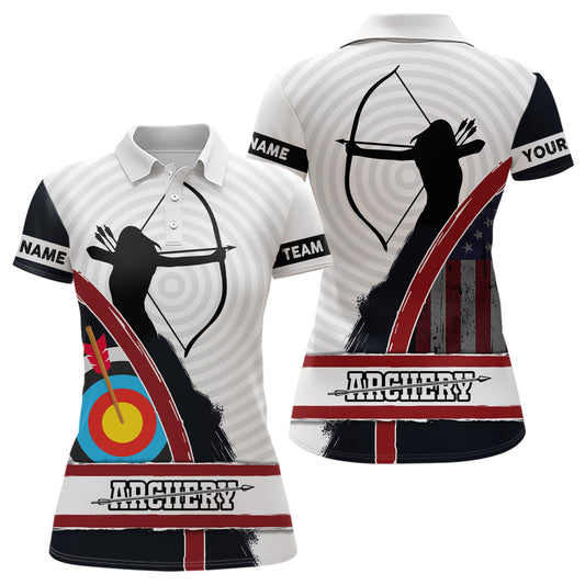 Personalized American Flag Silhouette Archery Polo Shirts For Women, Custom 3D Target Archery Shirts VHM0648