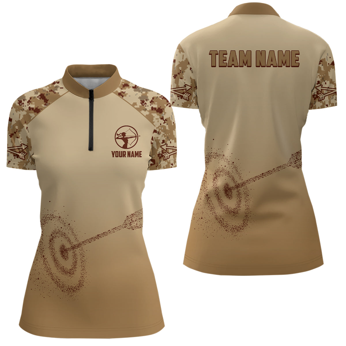 Personalized Light Brown Camo 3D Target Archery Quarter-Zip Shirts For Women, Archery Team Shirts VHM0687