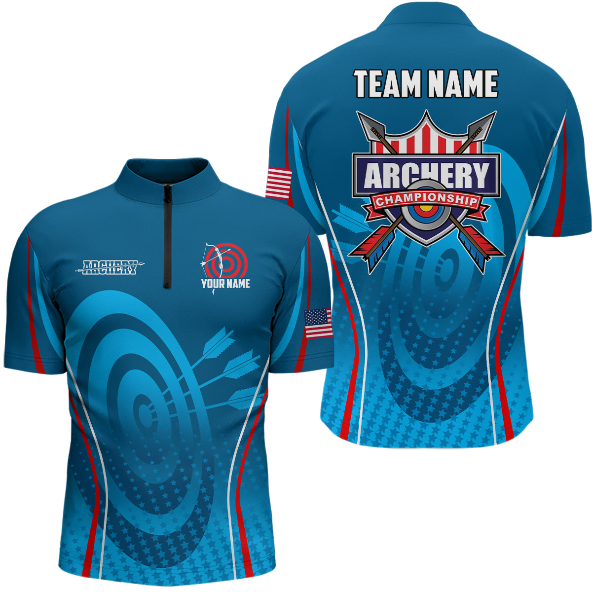 Personalized Blue Red Target Archery Quarter-Zip Shirts For Men, US Flag Archery Champion Shirts  VHM0569
