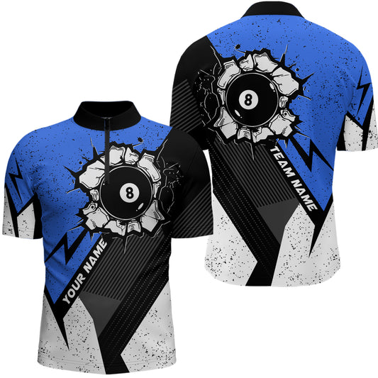 Personalized Blue Grunge 8 Ball Billiard 3D Quarter-Zip Shirts For Men, 8 Ball Pool Team Jerseys VHM1064