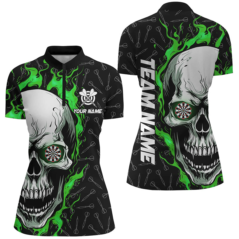 Personalized 3D Green Skull Flame Dart Quarter-Zip Custom Dart Shirts For Women Dart Jerseys TDM1179