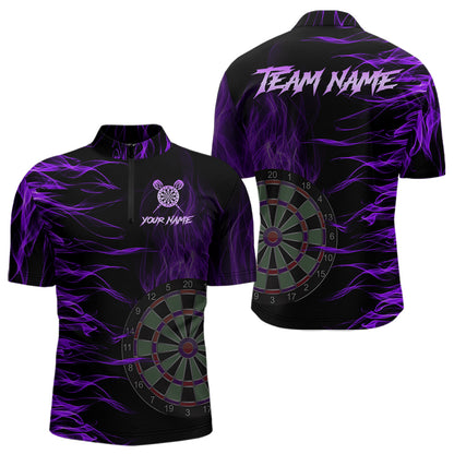 Personalized Purple Flaming 3D Fire Dart Shirts For Men Custom Team Dart Jerseys Polo & Quarter Zip TDM3686