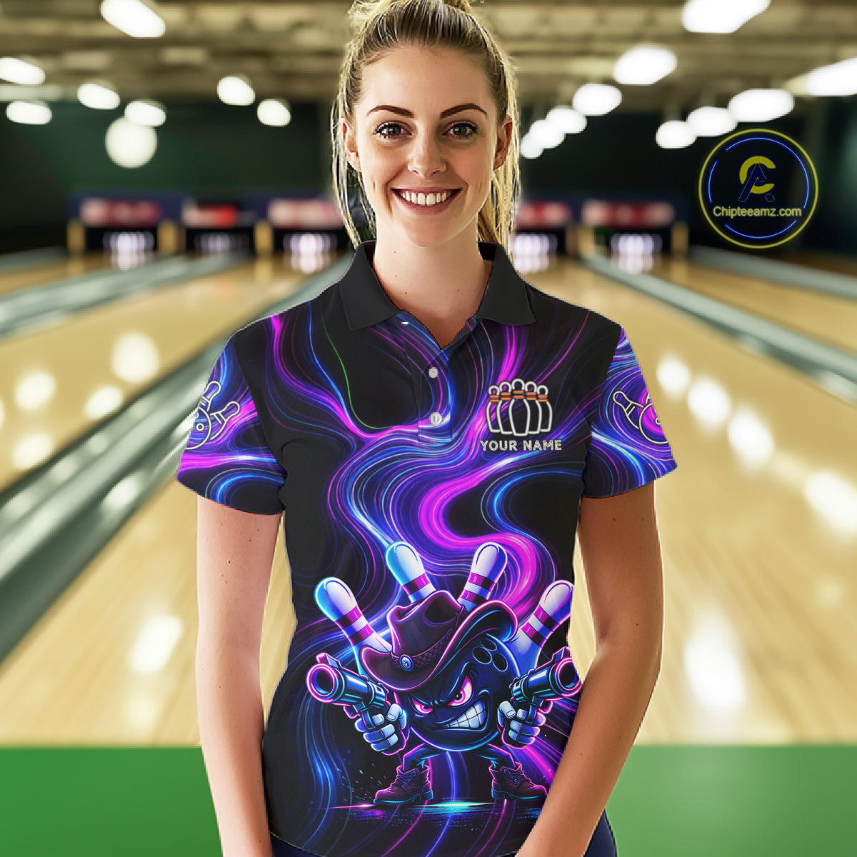 Custome Neon Blue Purple Funny Bowling Shirt For Women, Bowling League Team Jersey Polo & 1/4 Zip TDM6277