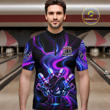 Load image into Gallery viewer, Custome Neon Blue Purple Funny Bowling Shirt For Men, Bowling League Team Jersey Polo &amp; 1/4 Zip TDM6277
