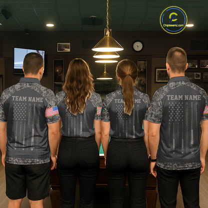 Billiard team wearing matching retro camo US flag patriotic 8 ball pool jerseys back view.