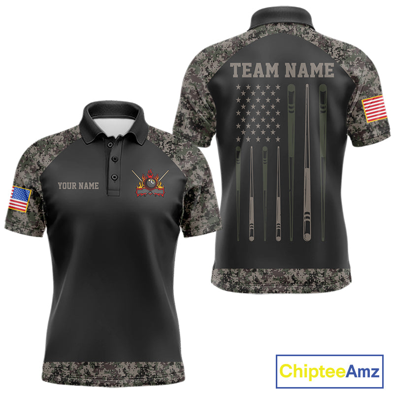 Personalized retro camo US flag patriotic 8 ball pool billiard team jersey polo shirt for men, custom pool league apparel and tournament jersey with vintage camouflage design.