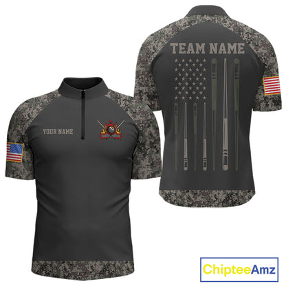 Personalized retro camo US flag patriotic 8 ball pool billiard quarter zip shirt for men, custom 8 ball pool team jersey and league apparel.