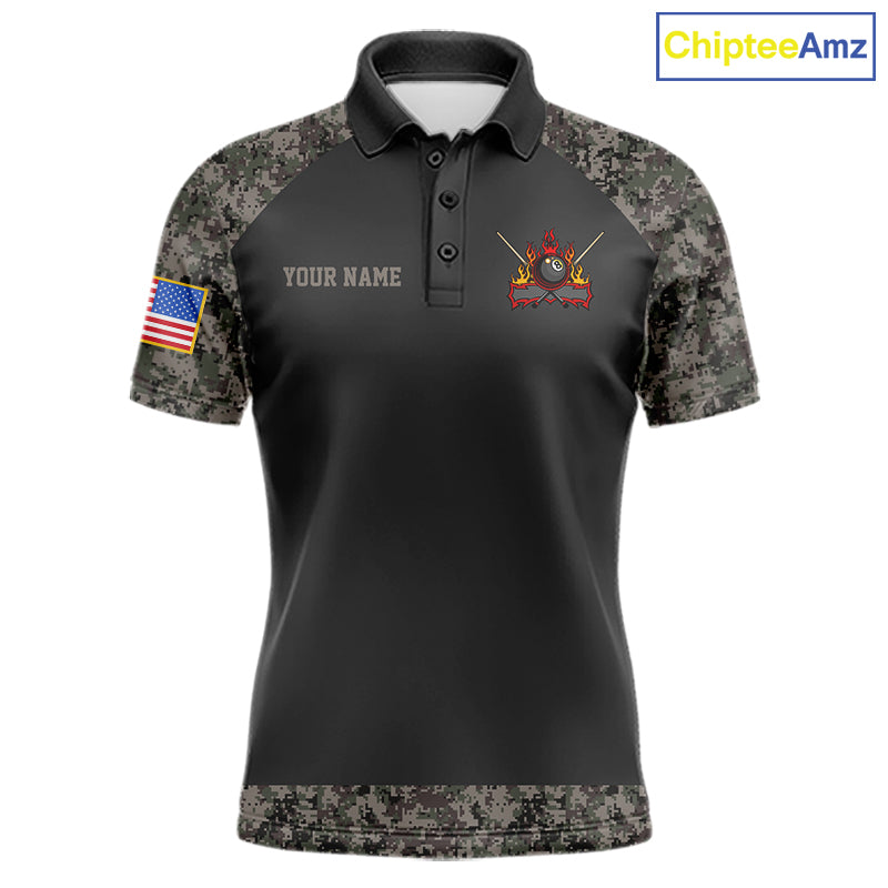 Personalized retro camo US flag patriotic 8 ball pool billiard team jersey polo shirt for men, custom pool league apparel and tournament jersey.