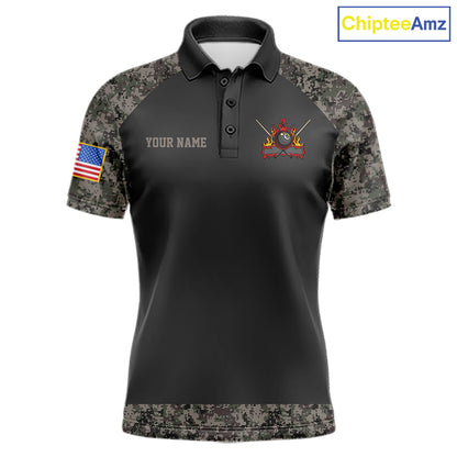 Personalized retro camo US flag patriotic 8 ball pool billiard team jersey polo shirt for men, custom pool league apparel and tournament jersey.