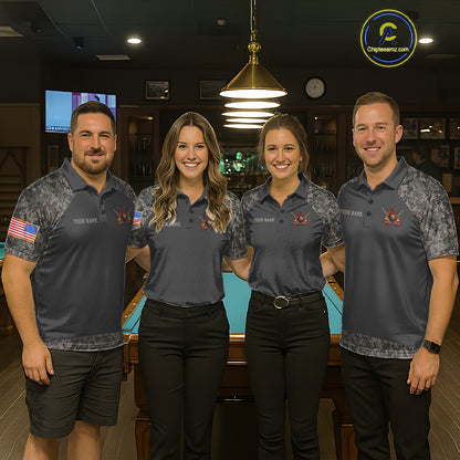 Billiard team wearing matching retro camo US flag patriotic 8 ball pool jerseys front view.