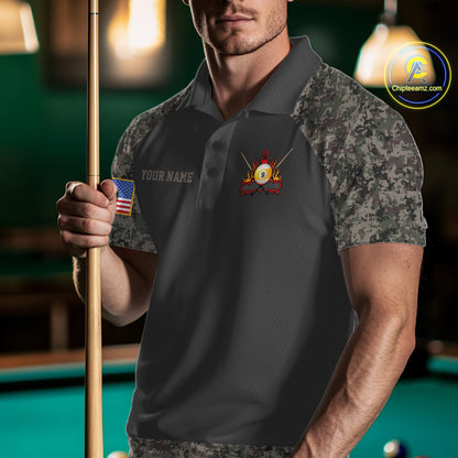 Man wearing personalized retro camo US flag patriotic 9 ball pool billiard polo shirt front view.