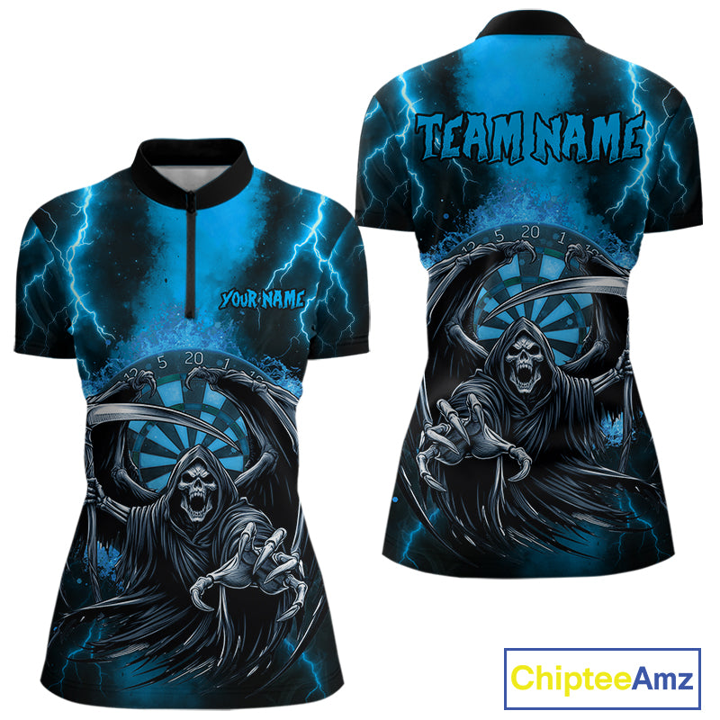 Personalized Blue Grim Reaper Thunder Lightning Darts Shirt For Women, 3D Darts Team Jerseys TDM4532