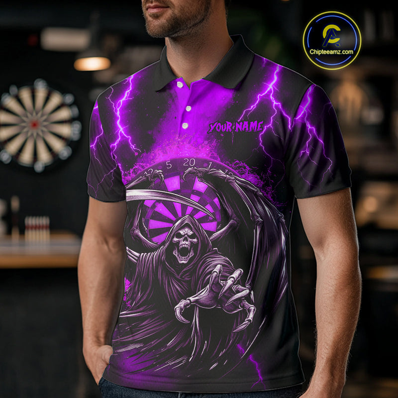 Personalized Purple Grim Reaper Thunder Lightning Darts Shirt For Men, 3D Darts Team Jerseys TDM4533