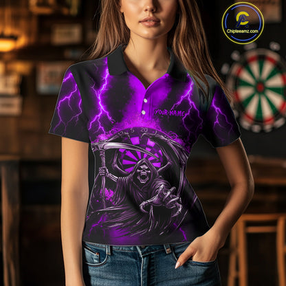 Personalized Purple Grim Reaper Thunder Lightning Darts Shirt For Women, 3D Darts Team Jerseys TDM4533