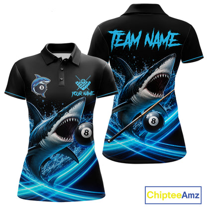 Black And Blue 8 Ball Shark Billiard League Shirts For Women Custom Pool Team Jersey Polo & 1/4 Zip TDM7165