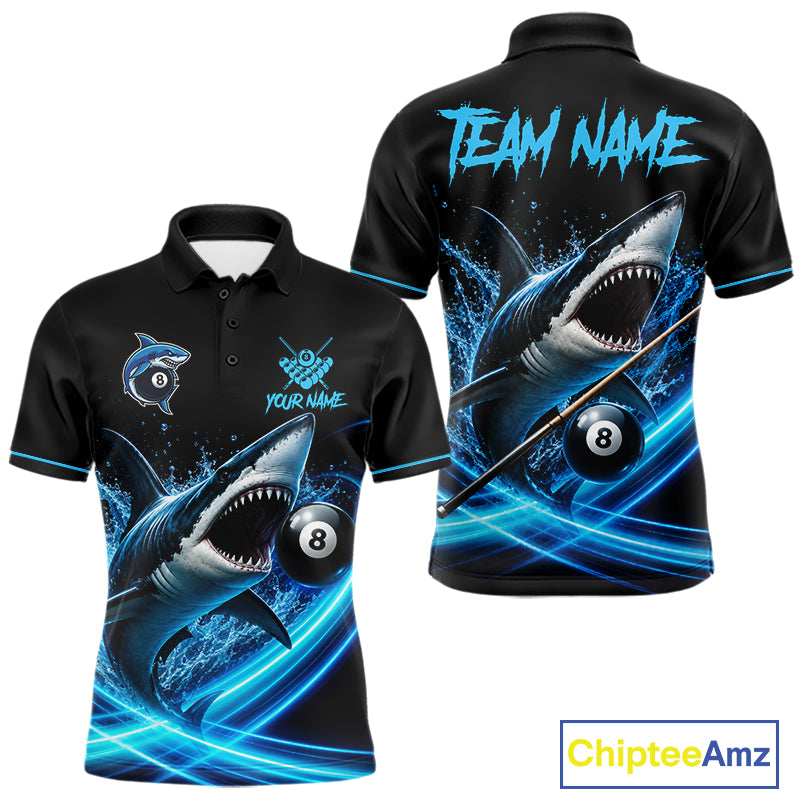 Black And Blue 8 Ball Shark Billiard League Shirts For Men Custom Pool Team Jersey Polo & 1/4 Zip TDM7165