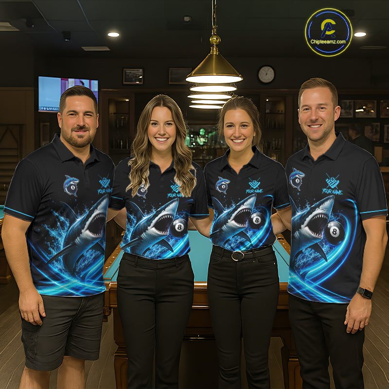 Black And Blue 8 Ball Shark Billiard League Shirts For Women Custom Pool Team Jersey Polo & 1/4 Zip TDM7165