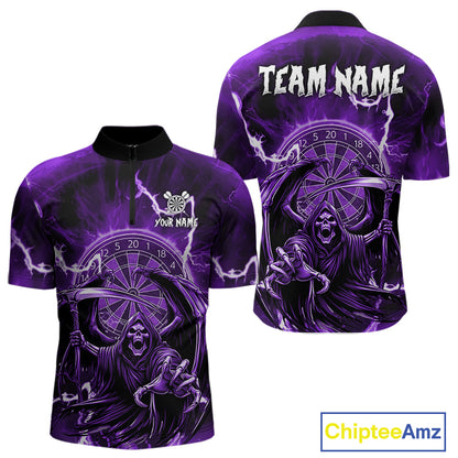 Purple Grim Reaper Lightning 3D Darts Shirt For Men Custom Darts Jersey Team Polo &  1/4 Zip TDM4952