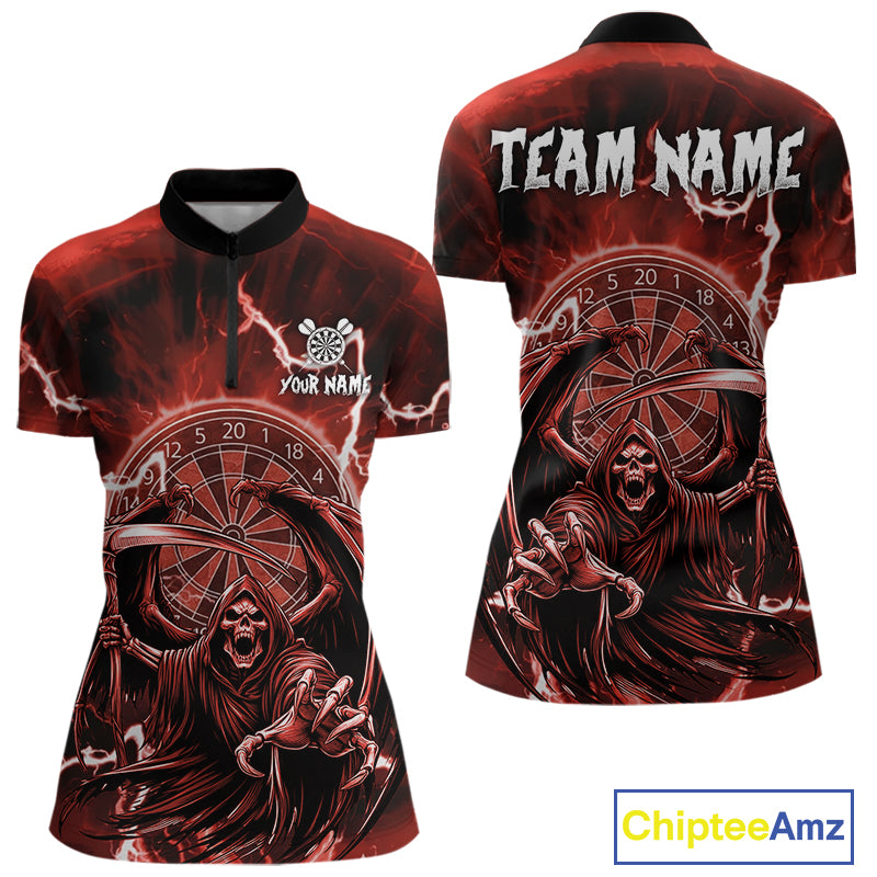 Red Grim Reaper Lightning 3D Darts Shirt For Women Custom Darts Jersey Team Polo &  1/4 Zip TDM4953