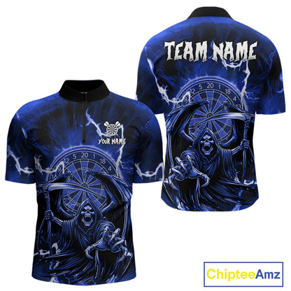 Blue Grim Reaper Lightning 3D Darts Shirt For Men Custom Darts Jersey Team Polo &  1/4 Zip TDM4954