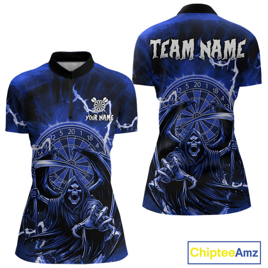 Blue Grim Reaper Lightning 3D Darts Shirt For Women Custom Darts Jersey Team Polo &  1/4 Zip TDM4954