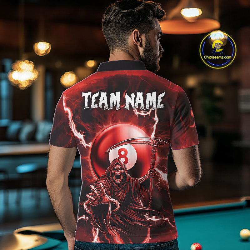 Red Grim Reaper 8 Ball Billiard Shirt For Men Custom Lightning Pool Team Jersey Polo & 1/4 Zip TDM4956