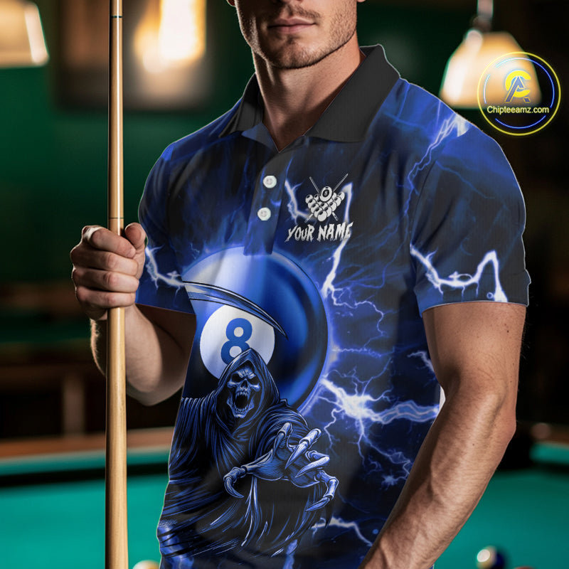 Blue Grim Reaper 8 Ball Billiard Shirt For Women Custom Lightning Pool Team Jersey Polo & 1/4 Zip TDM4957