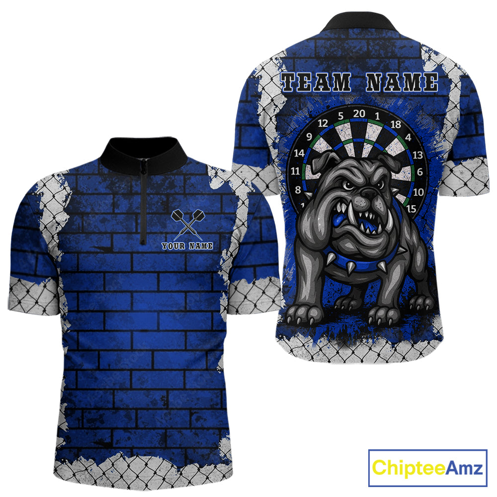 Blue Brick-Wall Fierce Bulldog Men Darts Quarter- Zip Team Shirt Personalized Name For Players NYN2116