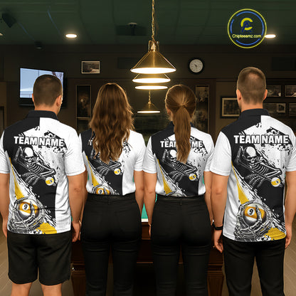 9 Ball Skeleton Custom Billiard Polo & 1/4 Zip Shirts For Men, Funny 9 Ball Pool Billiard Jerseys TDM5675