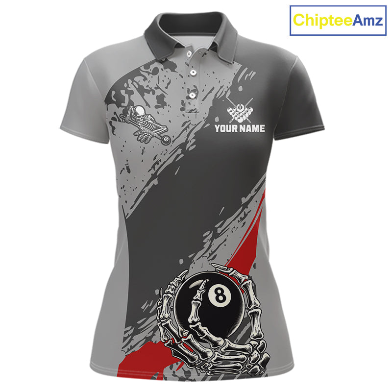 8 Ball Skeleton Custom Billiard Polo & 1/4 Zip For Women, Funny 8 Ball Pool Billiard Team Jersey|Red TDM5676