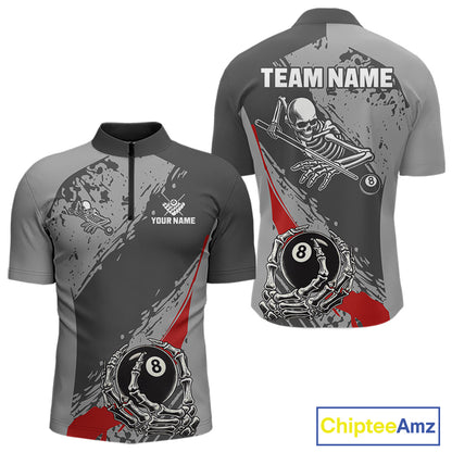 8 Ball Skeleton Custom Billiard Polo & 1/4 Zip For Men, Funny 8 Ball Pool Billiard Team Jersey|Red TDM5676