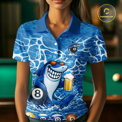 Blue Funny Shark 8 Ball Pool Billiard Shirt For Women Custom Billiard Team Jersey Polo & 1/4 Zip TDM5884