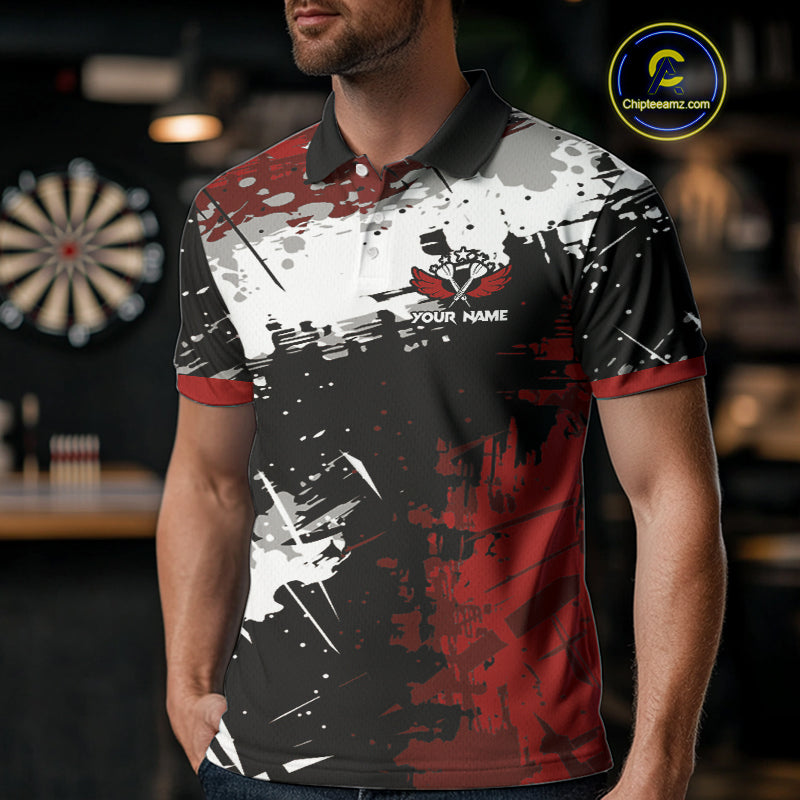 Red Grunge Paint Splash Dart Polo & Quarter Zip Custom Dart Shirts For Men Darts Team Jerseys  TDM3858