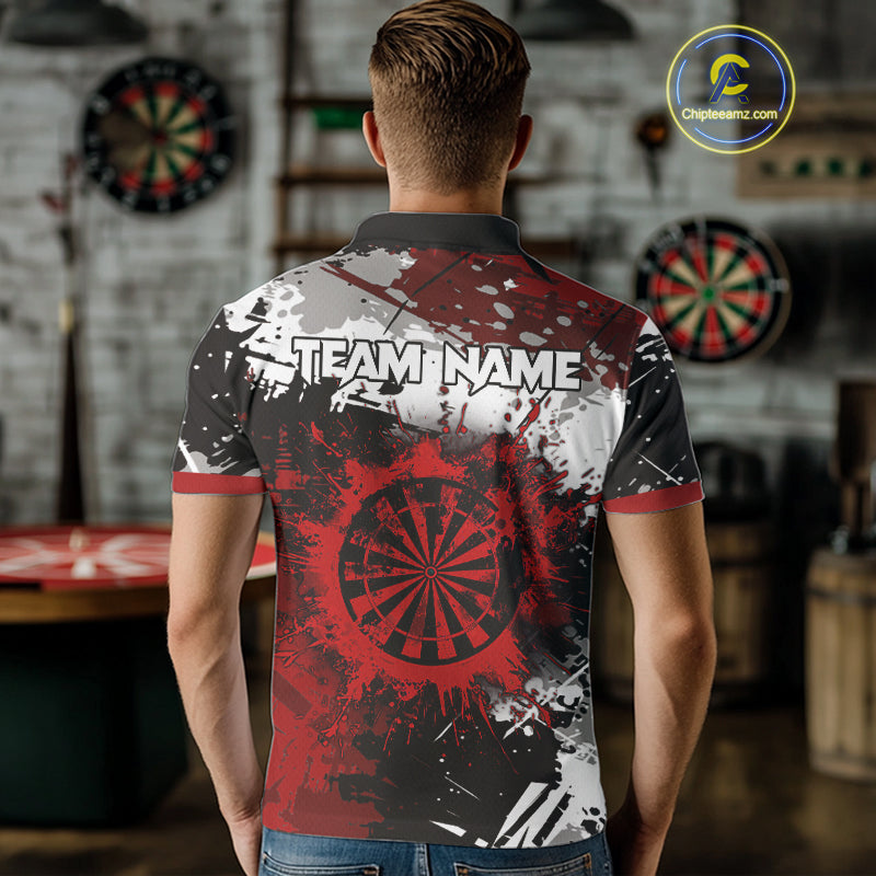 Red Grunge Paint Splash Dart Polo & Quarter Zip Custom Dart Shirts For Men Darts Team Jerseys  TDM3858