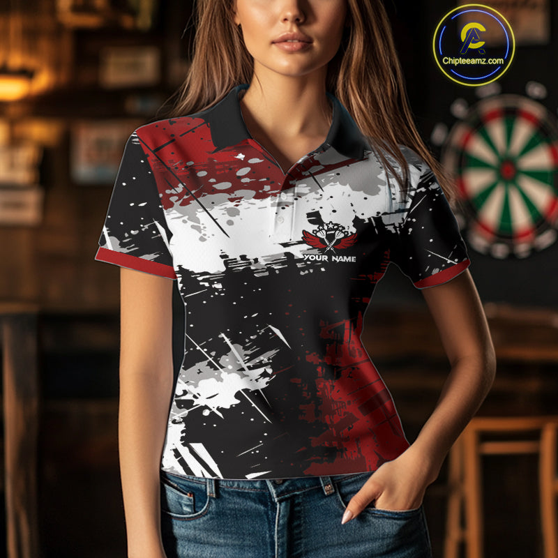 Red Grunge Paint Splash Dart Polo & Quarter Zip Custom Dart Shirts For Women Darts Team Jerseys  TDM3858