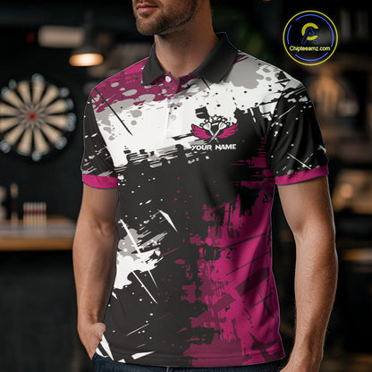 Pink Grunge Paint Splash Dart Polo & Quarter Zip Custom Dart Shirts For Men Darts Team Jerseys TDM3859