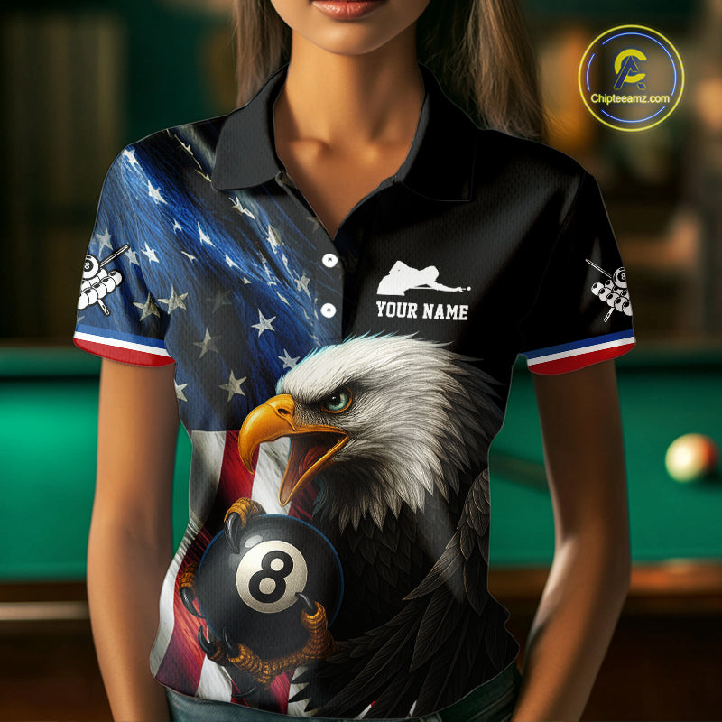 American Flag Eagle 8 Ball Womens Billiard Polo & 1/4 Zip Custom Patriotic Team Billiard Pool Jersey TDM3866