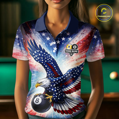 Custom 8 Ball & 9 Ball American Flag Eagle Billiard Shirt For Women, Pool Team Jersey Polo & 1/4 Zip TDM6281