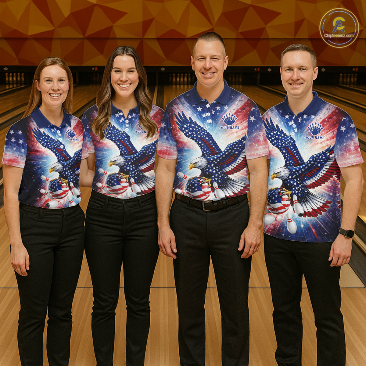 American Flag Eagle Bowling Polo & 1/4 Zip Shirts For Women Custom Patriotic Bowling Team Jersey TDM6284