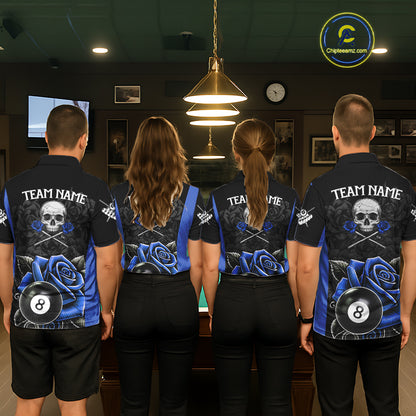 Black And Blue 8 Ball Pool And Roses Custom Skull Billiard Shirts For Men, Billiard Team Jersey TDM6286
