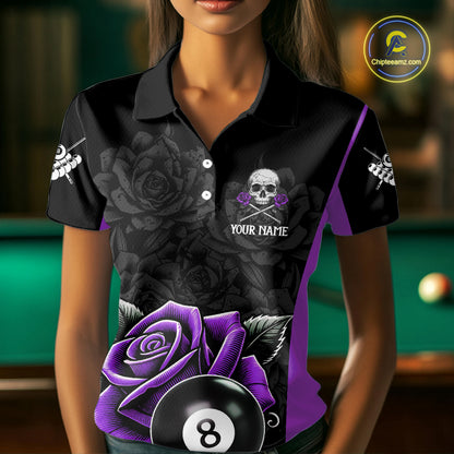 Black And Purple 8 Ball Pool And Roses Custom Skull Billiard Shirts For Women, Billiard Team Jersey TDM6287