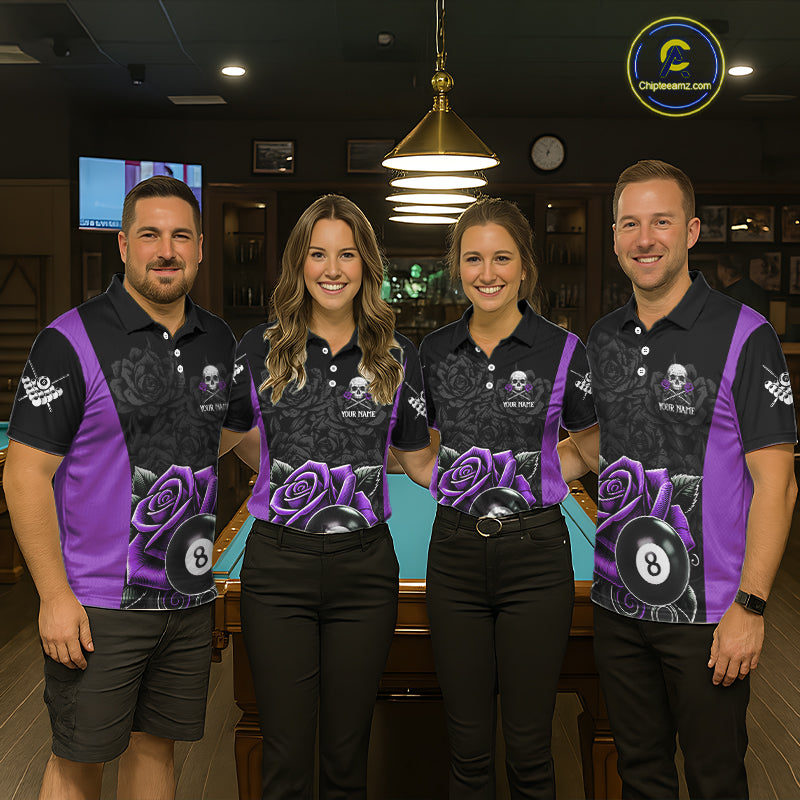 Black And Purple 8 Ball Pool And Roses Custom Skull Billiard Shirts For Men, Billiard Team Jersey TDM6287