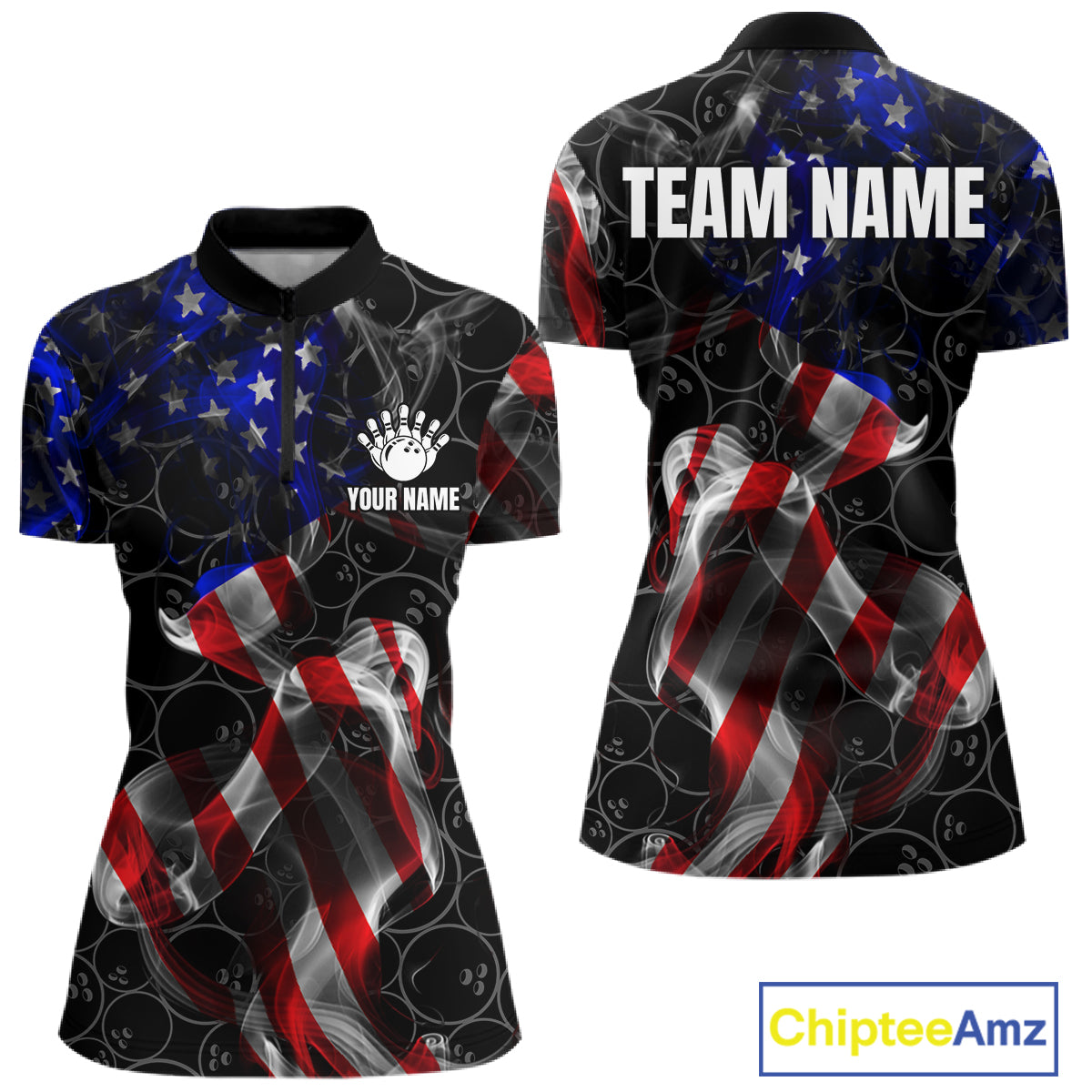 Custom American Flag Smoke Bowling Shirt For Women, Patriotic Team Bowling Jersey Polo & 1/4 Zip TDM6290