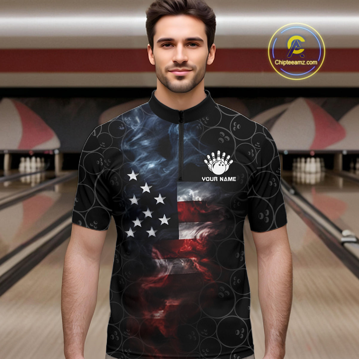 Custom American Flag Smoke Bowling Shirt For Men, Patriotic Bowling Jersey Team Polo & 1/4 Zip TDM6291