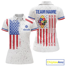 Load image into Gallery viewer, White American flag 9 ball billiard polo shirt for women with patriotic pool team graphics.
