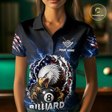Load image into Gallery viewer, Blue lightning American flag eagle 8 ball billiard quarter zip shirt for women designed for league tournaments and team events.