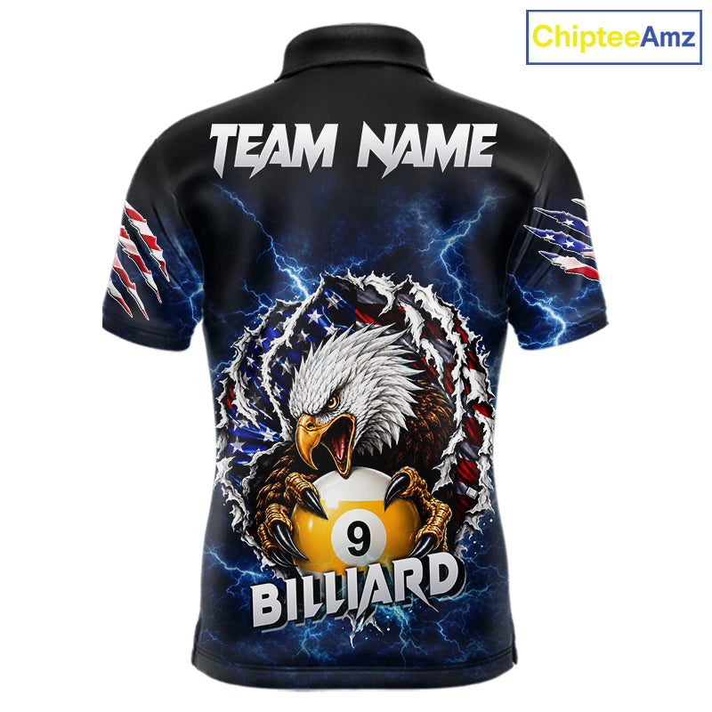 Blue lightning eagle American flag 8 ball and 9 ball billiard polo shirt for men with patriotic pool team graphics.