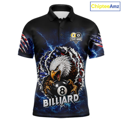 Blue lightning eagle American flag 8 ball and 9 ball billiard polo shirt for men with patriotic pool team graphics.