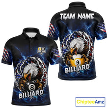 Load image into Gallery viewer, Blue lightning eagle American flag 8 ball and 9 ball billiard polo shirt for men with patriotic pool team graphics.