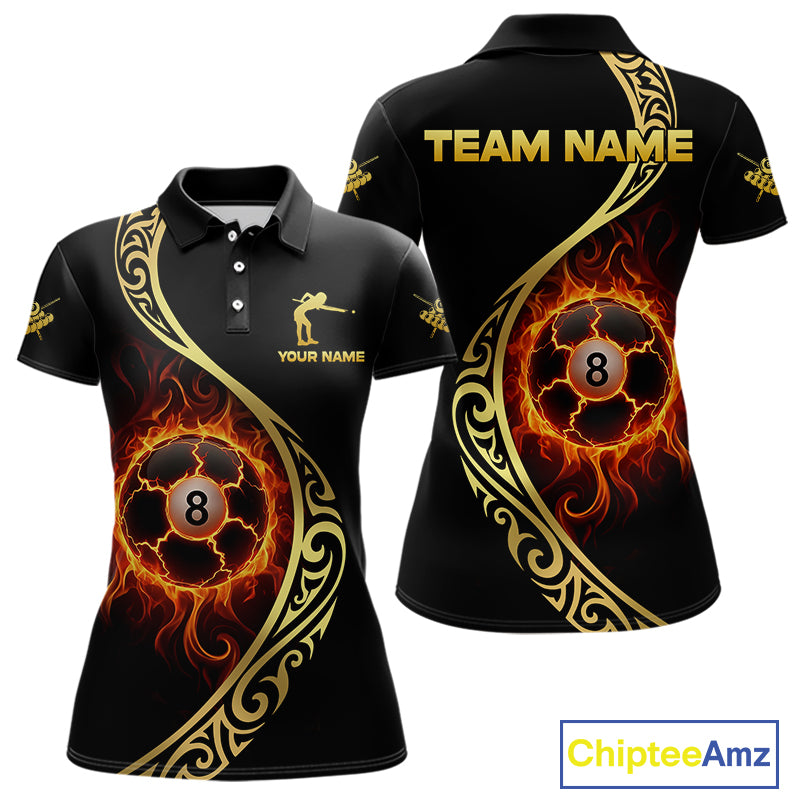 Personalized 8 Ball Fire Gold Tribal Billiard Shirt For Women, Billiard Jersey Team Polo & 1/4 Zip TDM5401